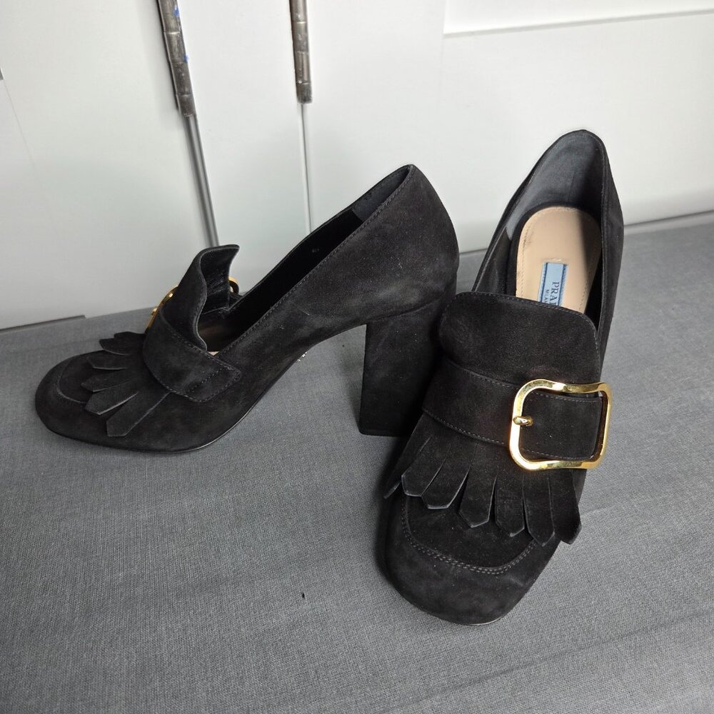 Women's Prada Black Suede Madras Fringe Buckle Slip-On with COA - EU Size 38.5 - Picture 3 of 12